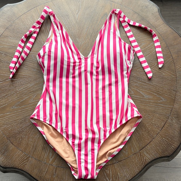 J. Crew Striped Tie-Shoulder One-Piece Swimsuit Large - Picture 2 of 9